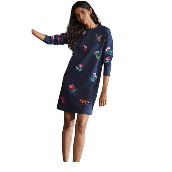Boden Dresses & Skirts - BODEN Embroidered Birds Floral Navy Blue Cotton Sweatshirt Dress Women's US 14